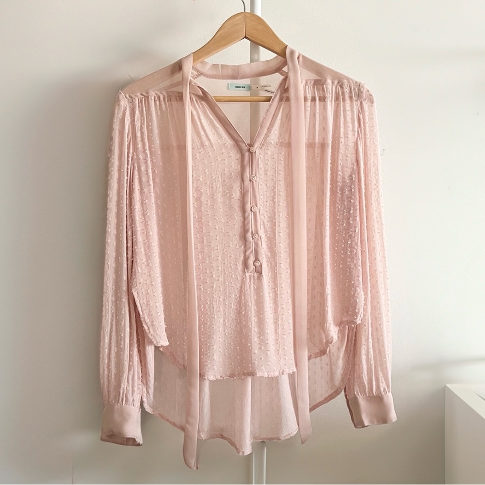 Kimchi Blue Chiffon Tie Neck Blouse with Dot Texture and Side Slits in Soft Pink